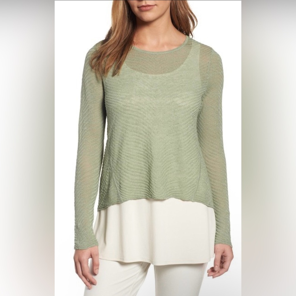 Eileen Fisher sage green hemp blend long sleeve boat neck loose weave top